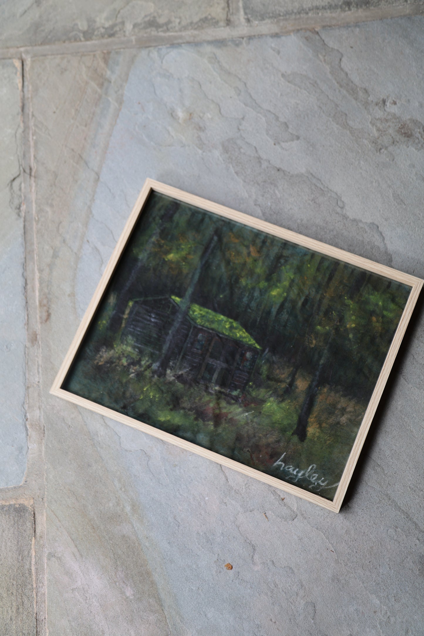Cabin in the Woods: Framed Oil Painting